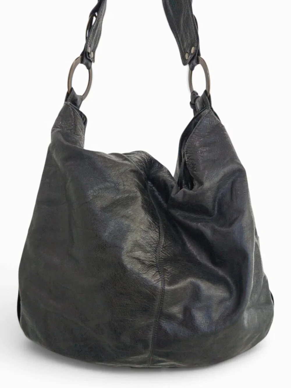 Malaika Designs Black Leather Hobo, Made in USA, Suede-Lined w/ Tassels